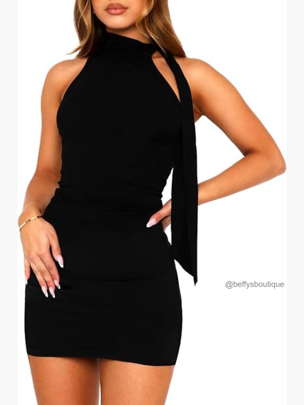 Halter Mock Neck Bodycon Mini Dress with Scarf, Polyester Spandex, Going Out